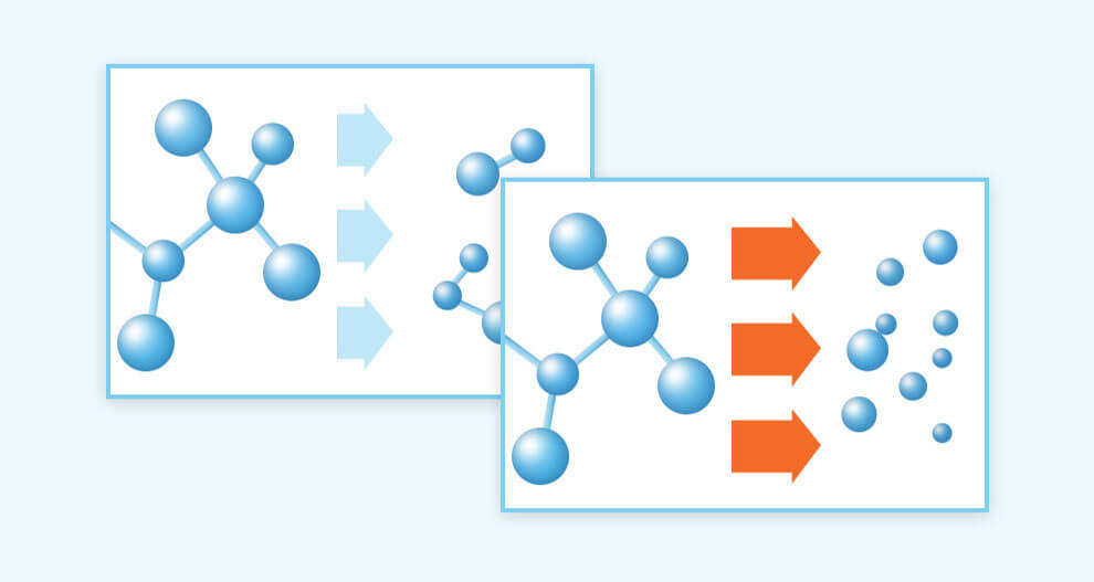 Two molecular structures are shown, with one having a larger number of connected atoms and the other having fewer.
